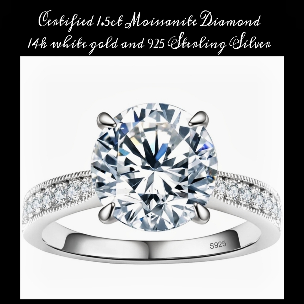 1.5ct Moissonite Diamond 14k White Gold /925 Sterling Certified W Certificate